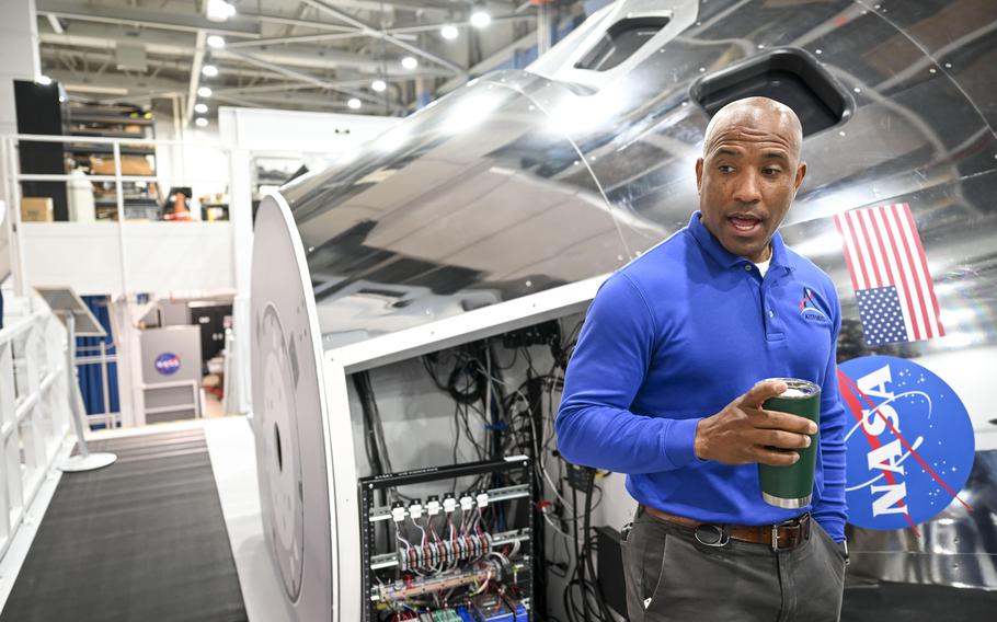 NASA astronaut and Artemis II pilot Victor Glover trains for his upcoming mission of the Space Launch System rocket at the Orion spacecraft simulator at Johnson Space Center in Houston on Oct. 3. 