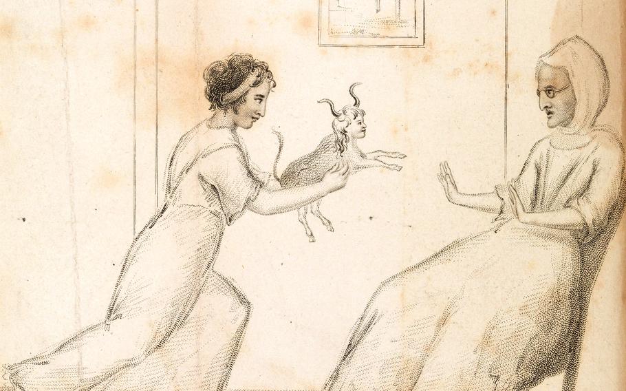 "Vaccinae vindicia; or, defence of vaccination," an 1806 work from English physician Robert John Thornton, included this illustration of the theories of Benjamin Moseley, a vaccination critic who suggested that cowpox injections might lead women to have sex with bulls and produce half-cow offspring. 