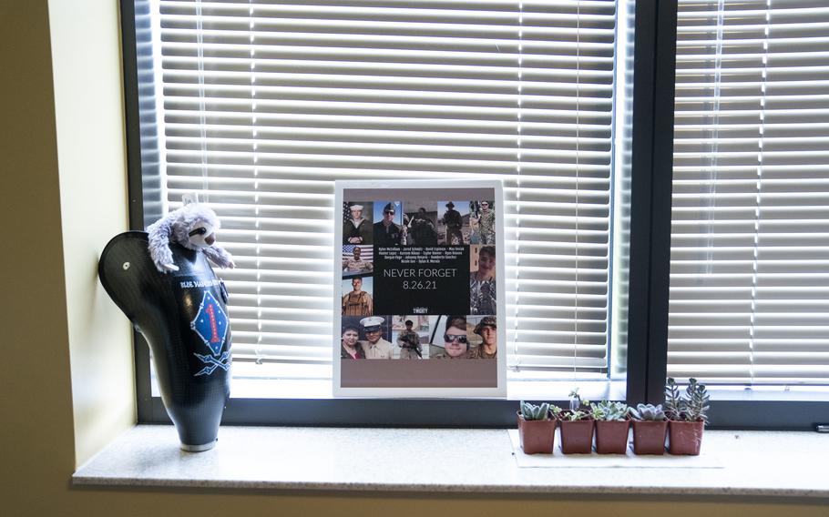 Marine Sgt. Tyler Vargas-Andrews put together a memorial inside his apartment at Walter Reed National Military Medical Center to honor the members of his unit who were lost in Afghanistan.