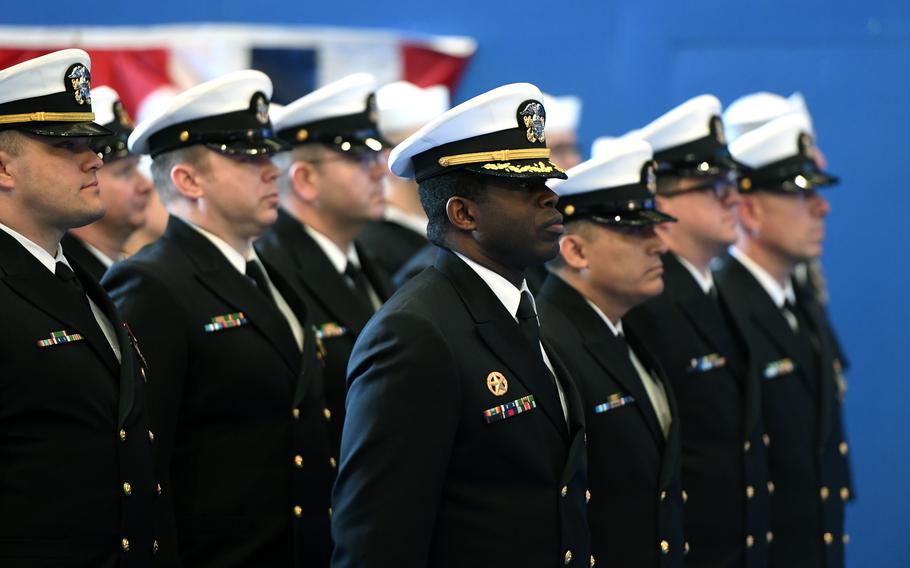 The crew of the pre-commissioning unit (PCU) Idaho (SSN 799) stand in formation during a christening ceremony at General Dynamics Electric Boat shipyard facility in Groton, Conn., Saturday, March 16, 2024.
