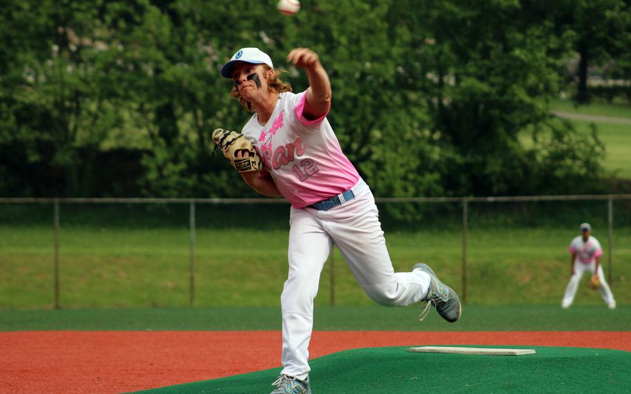 Osan left-hander Tim Davidson delivers during Tuesday's Division II baseball tournament playoffs. The Cougars lost 7-4 in the semifinal to defending champion Zama and will play Yokota for third place Thursday.