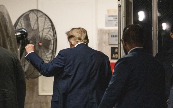 Former president Donald Trump leaves for a lunch break during his Manhattan criminal trial on Thursday. MUST CREDIT: Victor J. Blue for The Washington Post