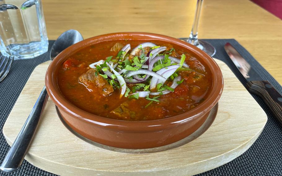 The lamb chashushuli at Kinto restaurant in Wiesbaden, Germany, is a rich stew with a tomato base that includes onion, garlic, cilantro and Georgian spice blends. 