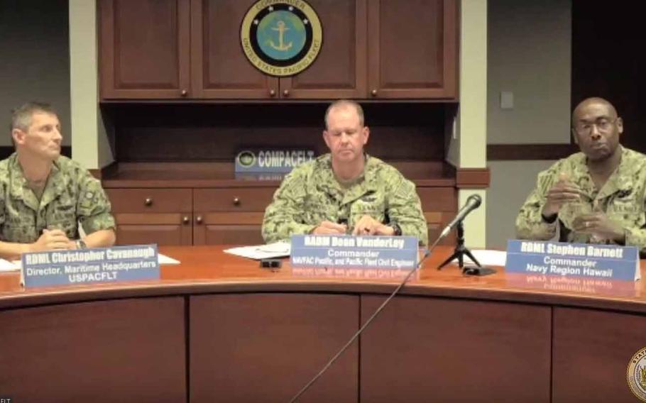 Rear Adm. Stephen Barnett, commander of Navy Region Hawaii, right, speaks with Hawaii lawmakers at the Hawaii statehouse in this screenshot of a video of the briefing on July 19, 2022. Beside him are Rear Adm. Christopher Cavanaugh, left, and Rear Adm. Dean VanderLey.