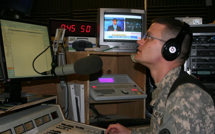 Sgt. Adam Prickel announces the death of Osama bin Laden on April 16, 2011, on AFN in Baghdad.