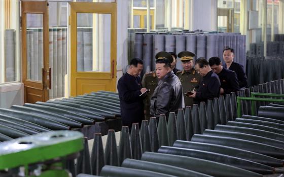 North Korean leader Kim Jong Un inspects a Pyongyang weapons factory in this image released by the Korean Central News Agency on May 7, 2025.