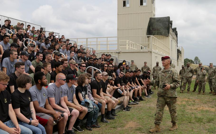 Command Sgt. Maj. Michael Ferrusi, the 82nd Airborne Division senior enlisted adviser, talks to future soldiers at Fort Bragg, N.C., on May 24, 2018. 