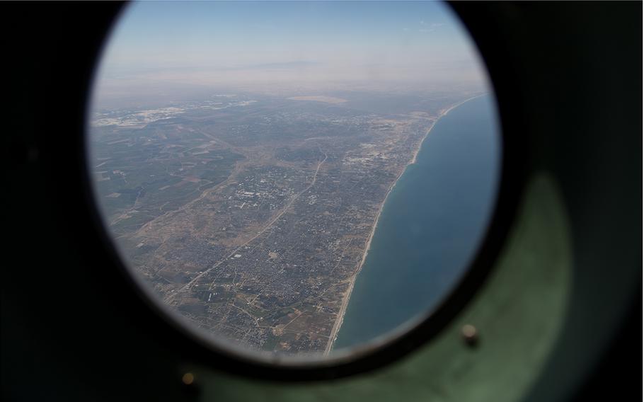 A view of part of the Gaza Strip from a Jordanian air force C-130 delivering aid to Gaza.