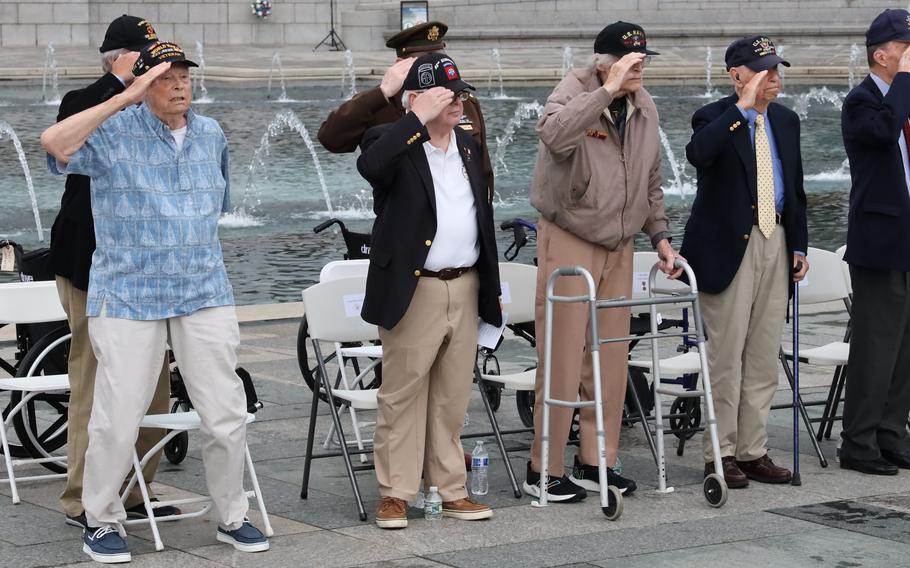 Veterans pay tribute at the World War II Memorial on the National Mall in Washington, D.C., on Memorial Day, May 29, 2023.