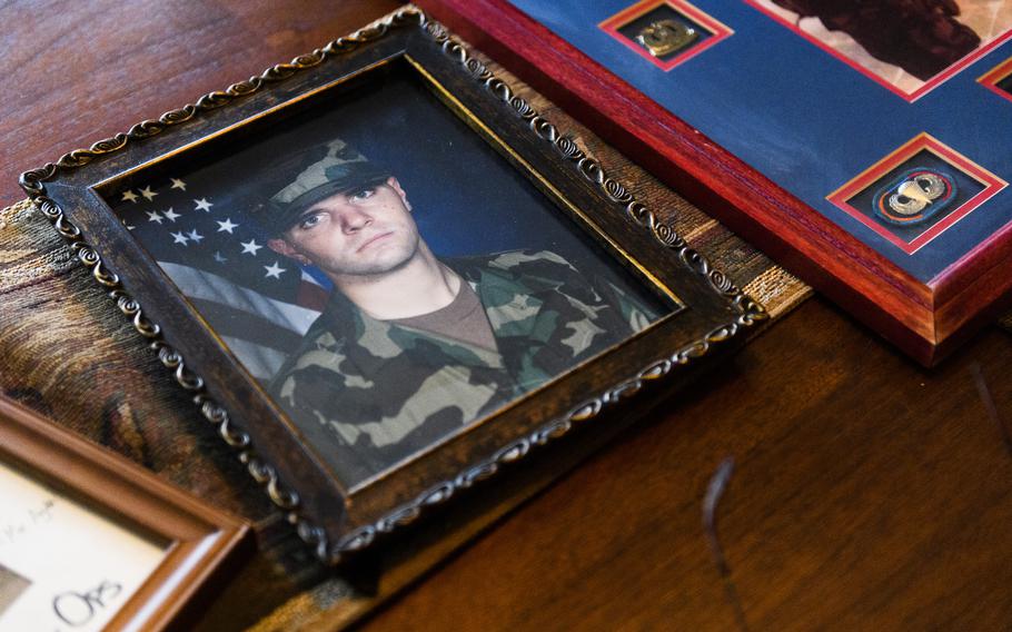 A portrait of Scott Merryman taken in basic training. The troubled former soldier from Kansas, now 37, is facing two federal charges for allegedly threatening to kill the president. 