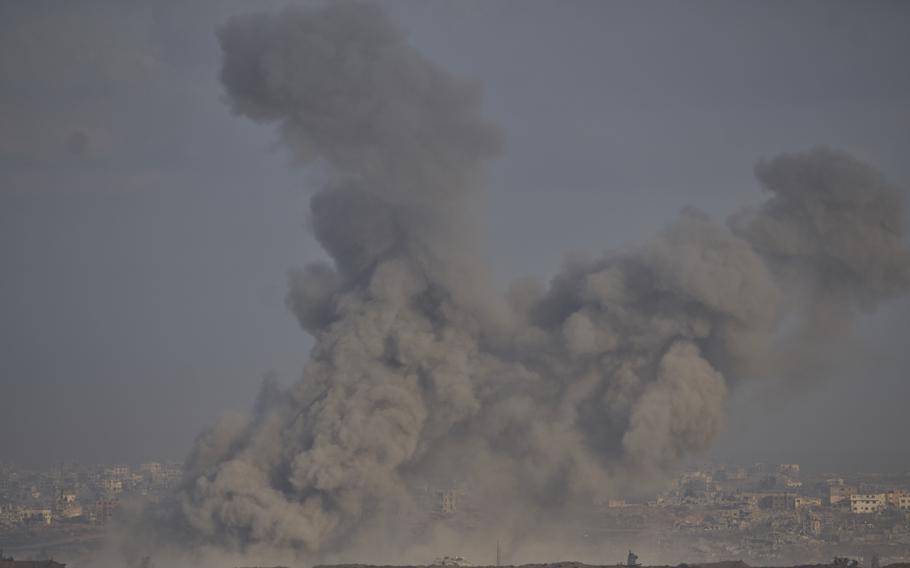 Smoke from an explosion rises.