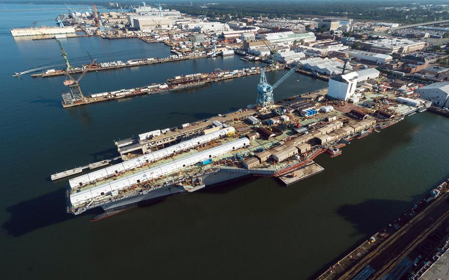 In a November, 2020 photo, the aircraft carrier John F. Kennedy (CVN 79) sits at Pier 3 at Newport News Shipbuilding.