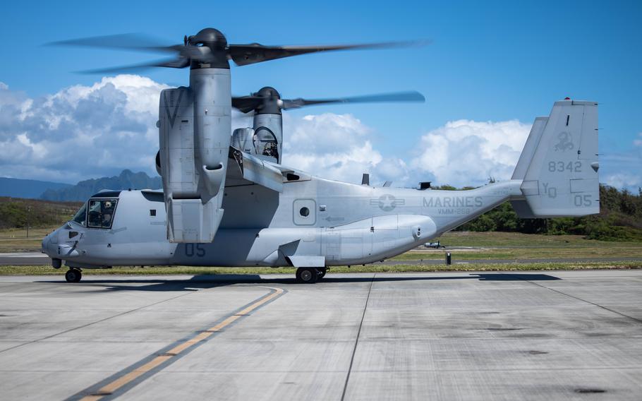 An MV-22B Osprey with Marine Medium Tiltrotor Squadron (VMM) 268, Marine Aircraft Group 24, 1st Marine Aircraft Wing, begins takeoff procedures at Marine Corps Air Station Kaneohe Bay, April 16, 2024. 