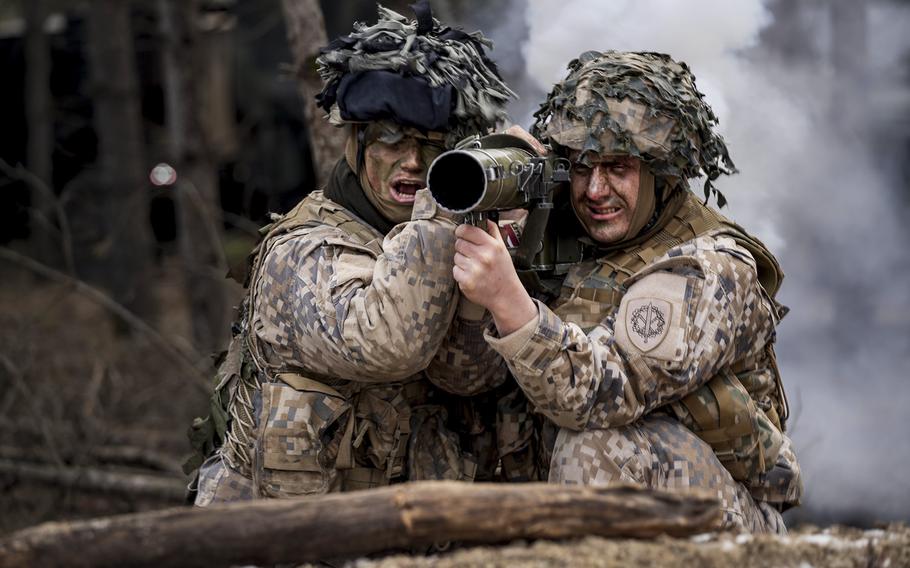 Latvian soldiers participate in training at Camp Adazi, Latvia, in March. 