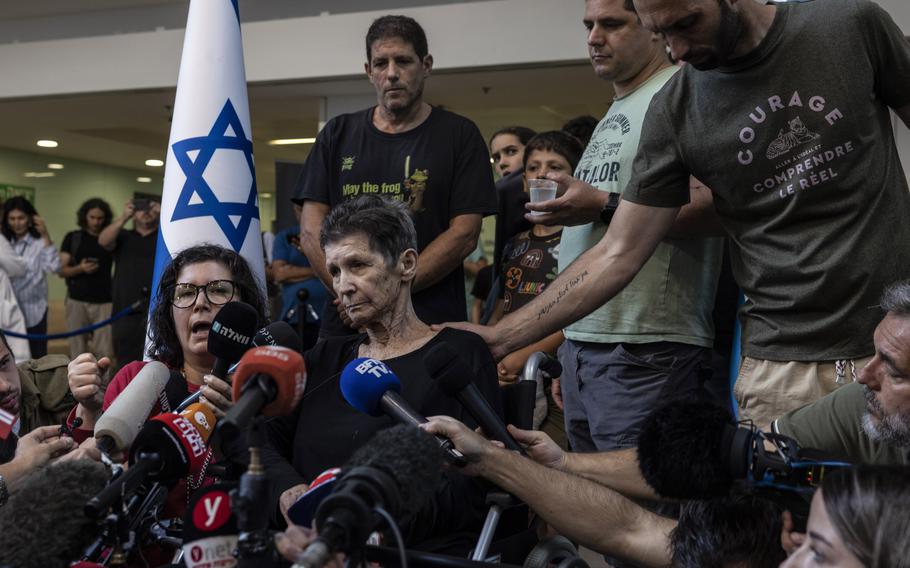 Yocheved Lifshitz, an 85-year-old Israeli grandmother who was held hostage by Hamas in Gaza, speaks during a news conference at Ichelov Hospital in Tel Aviv on Oct. 24.