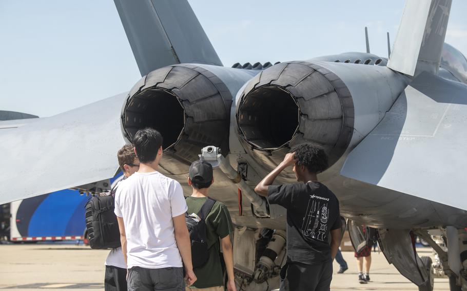 Visitors check out a United States Navy EA-18G Growler