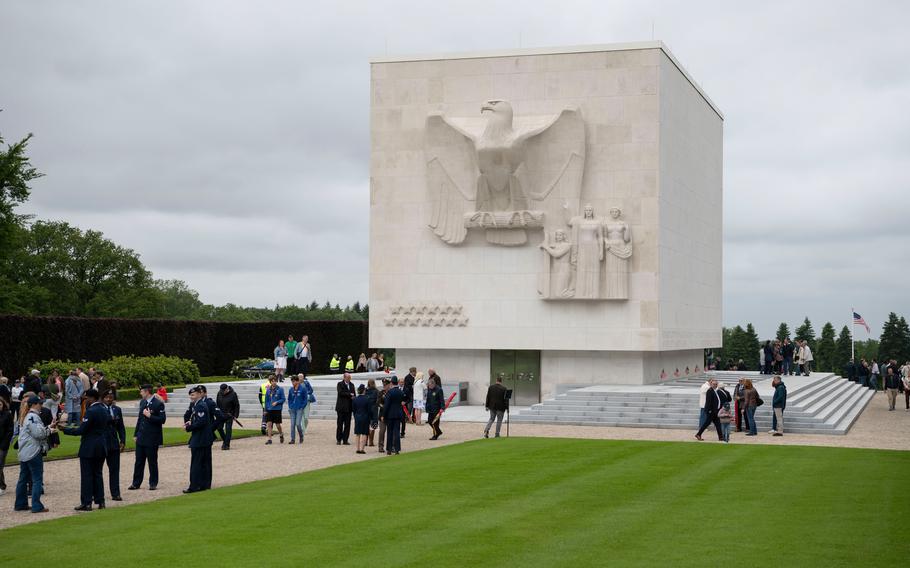A memorial at Ardennes American Cemetery in Neupré, Belgium, includes the names of 463 Americans who went missing in action during World War II. Over 5,000 Americans are buried at the cemetery. 