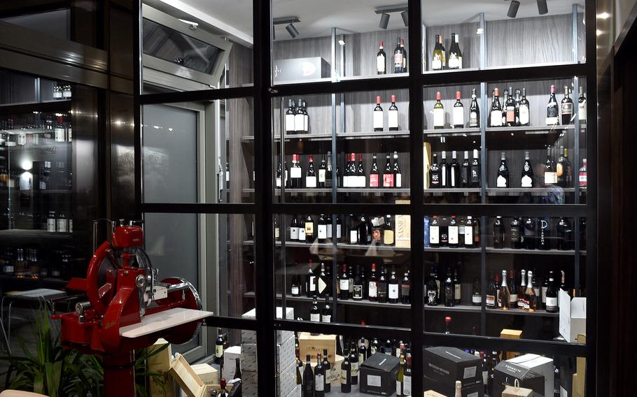 Wine barrels and crates are on display at Caruso Ristorante and Vini. The restaurant just south of the Stadhalle an der Orangerie in Kirchheimbolanden, Germany.