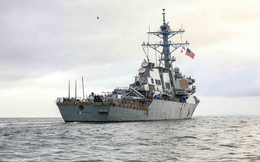 The guided-missile destroyer USS Benfold steams near Dutch Harbor, Alaska, Aug. 8, 2023.