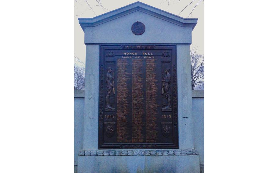 The World War I memorial in Patriots Memorial Park in North Andover, Mass.