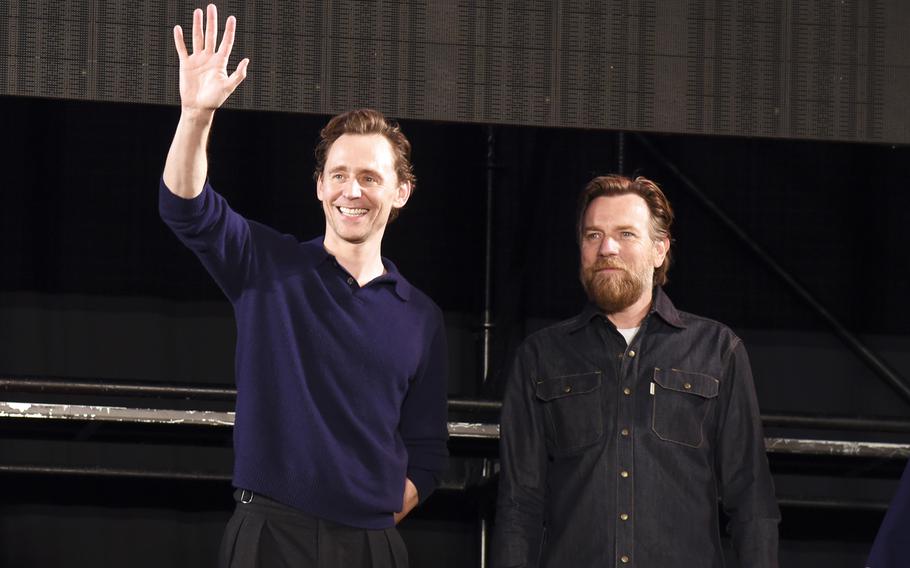 Actors Tom Hiddleston and Ewan McGregor attend Tokyo Comic Con’s opening ceremony at the Makuhari Messe Convention Center in Chiba, east of central Tokyo, Dec. 8, 2023. 