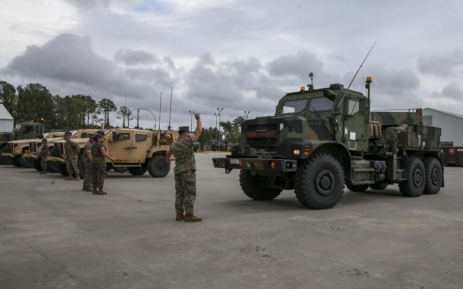 U.S. Marines stage vehicles on Camp Lejeune, N.C., June 3, 2021. 