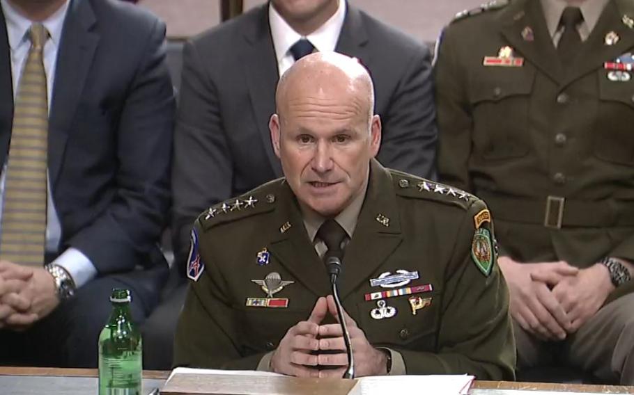 U.S. Army Gen. Christopher G. Cavoli, the head of U.S. European Command, speaks to the Senate Armed Services Committee on April 27, 2023. Talking Sunday during a security conference in Estonia, Cavoli reiterated the need for caution when assessing Russia's remaining military reserves and capabilities.  