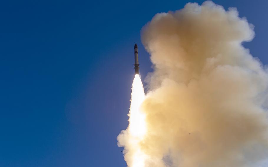 A Standard Missile-3 Block IIA launches from the Japanese destroyer JS Maya at the Pacific Missile Range Facility in Kauai, Hawaii, Nov. 11, 2022. 