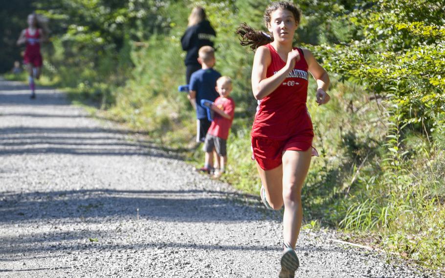 Kaiserslautern’s Piper Parsells races to the finish line at a cross country meet last year, in Kaiserslautern, Germany. She was fourth in Germany in 2020.