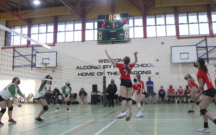 The Lakenheath Lancers girls volleyball team faced off against the Alconbury Dragons on Friday, Oct. 1, 2021 at Alconbury High School. The Lancers swept three straight sets 25-14, 25-7, 25-17 against the Dragons to win the volleyball match. 