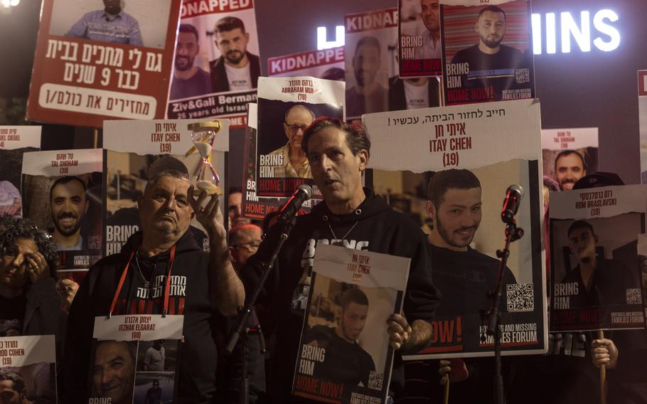 Ruby Chen, the father of Israeli-American hostage, Itay Chen, speaks at a rally in Tel Aviv in December. The 19-year-old soldier was believed to have been taken hostage by Hamas militants, but the Israeli military told Chen’s parents in March that intelligence indicates he was killed during the attack on Oct. 7, 2023.