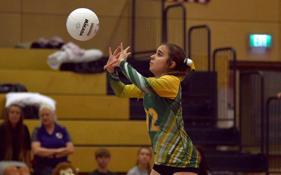 Alconbury's Izzy Minjarez pushes the ball forward during a matchup with AFNORTH during pool-play action of the DODEA European volleyball championships on Oct. 26, 2023, at Kaiserslautern High School in Kaiserslautern, Germany.