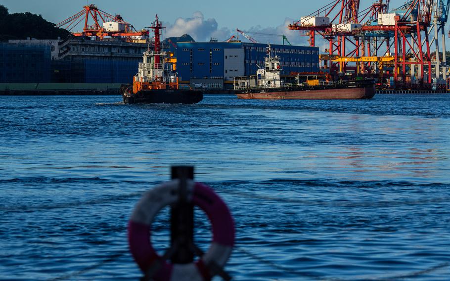 Marin vessels maneuver at a port on Aug. 7, 2022, in Keelung, Taiwan.