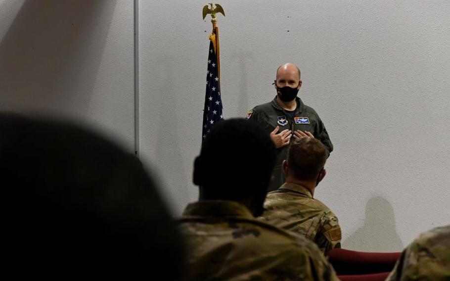 Col. Ryan Keeney, 49th Wing commander, welcomes Task Force-Holloman personnel Aug. 27, 2021, on Holloman Air Force Base, N.M.