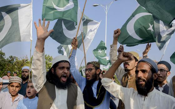 Demonstrators wave flags.