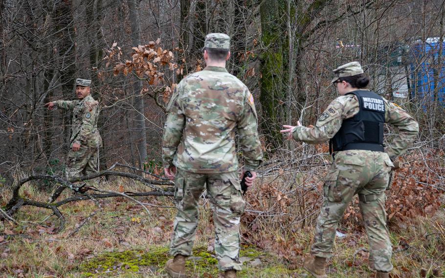Soldiers with the U.S. Army Correction Facility-Europe search for a missing prisoner during an exercise at Sembach Kaserne, Germany, Dec. 14, 2023. 