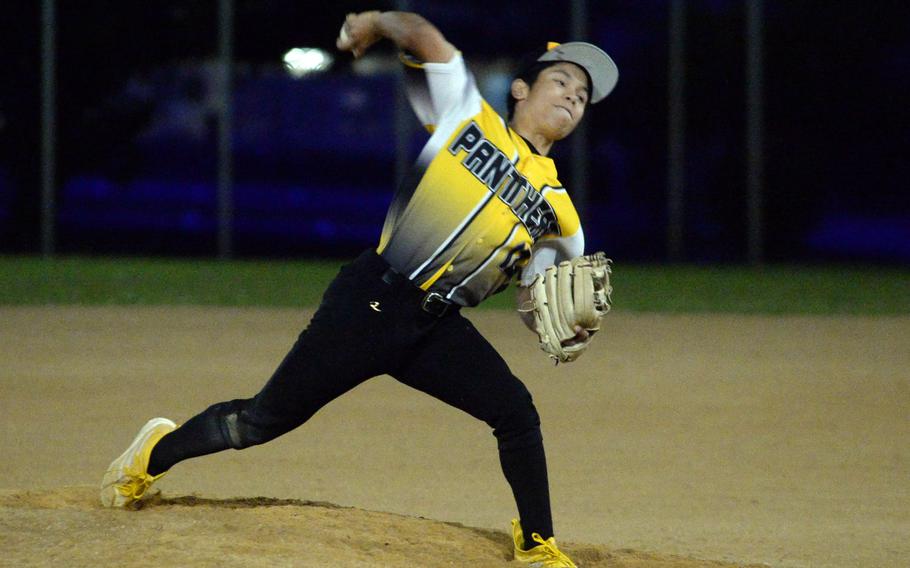 Kadena right-hander Ty Lujan delivers against Kubasaki during Monday’s Okinawa season-opening baseball game. Lujan got the save and the Panthers rallied to win 10-8.