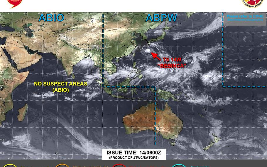 Bebinca finally strengthens into a typhoon. U.S. bases on Okinawa remain in TCCOR Storm Watch through Saturday evening.