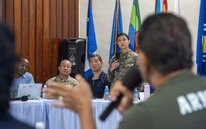 Maj. Asia Pastor, logistics plans officer for U.S. Marine Corps Forces Pacific, takes a question about a new U.S. military site from a Peleliu resident in Koror, Republic of Palau, May 15, 2024.