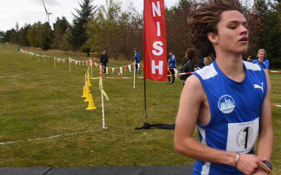 Ethan Langselius, a junior, from Munich International School, won the boys’ small schools division race at the DODEA-Europe cross country championships in Baumholder, Germany, on Saturday, Oct. 23, 2021.