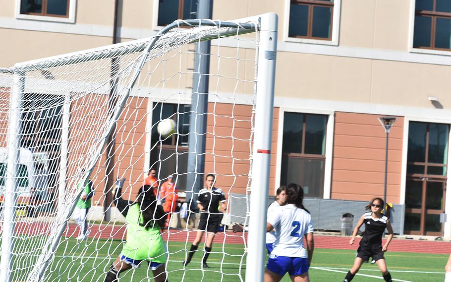 Rota goalkeeper Star Mercado watches the ball race toward her in Vicenza's 7-0 victory over the Admirals on Friday, April 29, 2022.