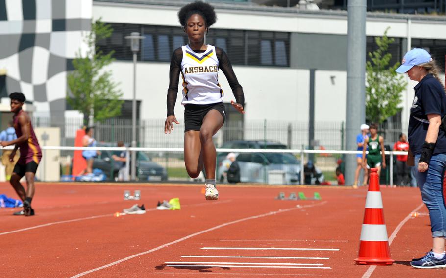 Ansbach’s Tamia McLaughlin won the girls triple jump title at the DODEA-Europe track and field championships in Kaiserslautern, Germany, with a leap of 34 feet, 6 1/2 inches. She also took gold in the high jump and long jump events.
