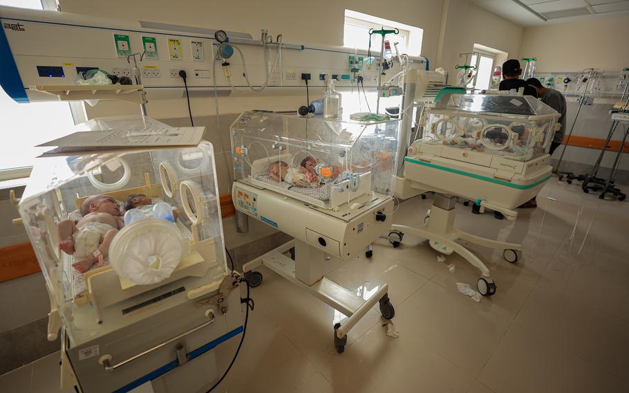 Premature babies lie in incubators. They were transported by ambulance from the Emirates hospital after being evacuated from al-Shifa Hospital in Gaza City to the Rafah crossing to receive urgent treatment in Egypt.
