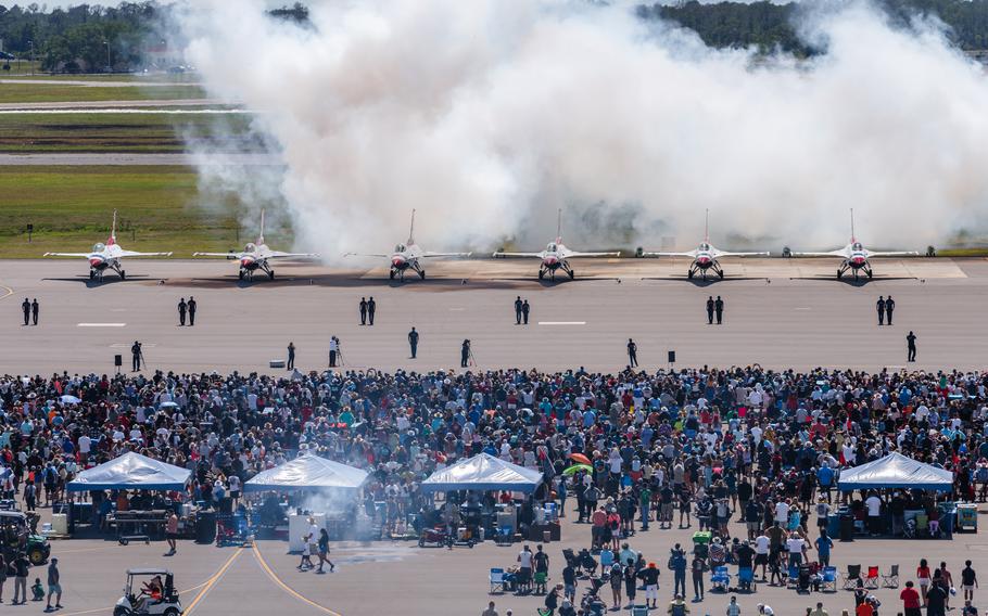 The United States Air Force Air Demonstration Squadron Thunderbirds prepare to perform at MacDill Air Force Base, Fla., Saturday, March 30, 2024.