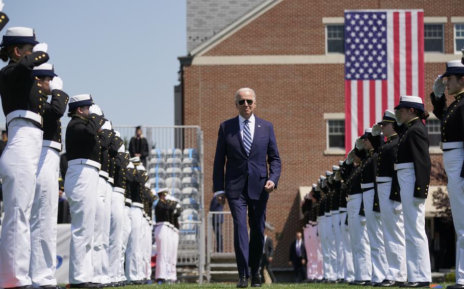 President Joe Biden arrives to speak at the commencement for the United States Coast Guard Academy in New London, Conn., Wednesday, May 19, 2021. 
