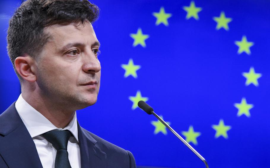 Ukrainian President Volodymyr Zelenskyy speaks during a media conference at the Europa building in Brussels, June 5, 2019. Russia lost influence and friends since the collapse of the Soviet empire in 1989. But the nuclear superpower still holds sway over several of its neighbors in Europe and keeps others in an uneasy neutrality. The Russian invasion of neighboring Ukraine and the humanitarian tragedy it provoked over the past two weeks may have raised an Western outcry of heartfelt support. 
