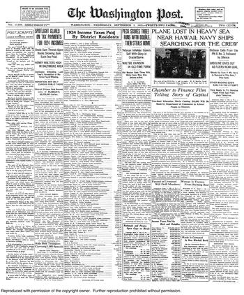 The Washington Post front page from Sept. 2, 1925, showing the taxes paid by District of Columbia residents.