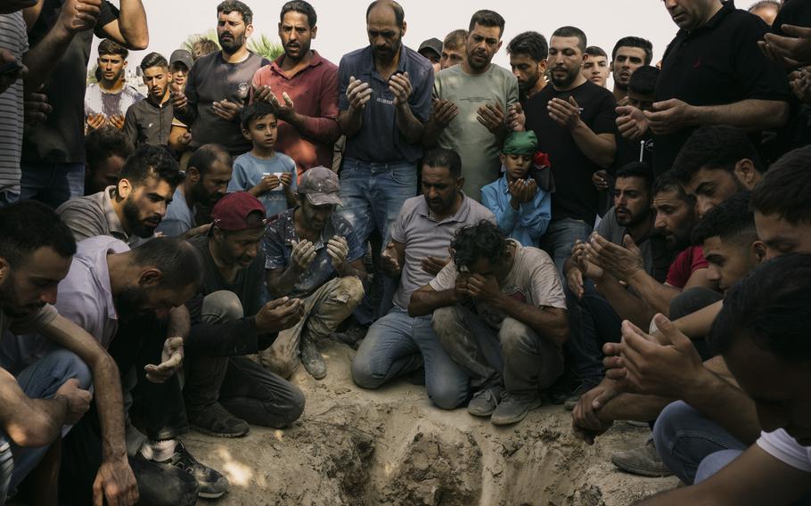 Mourners attend the funeral for Bilal Saleh on Oct. 28, 2023. The Palestinian man was killed by settlers while picking olives from his land in the West Bank village of Sawiya. 