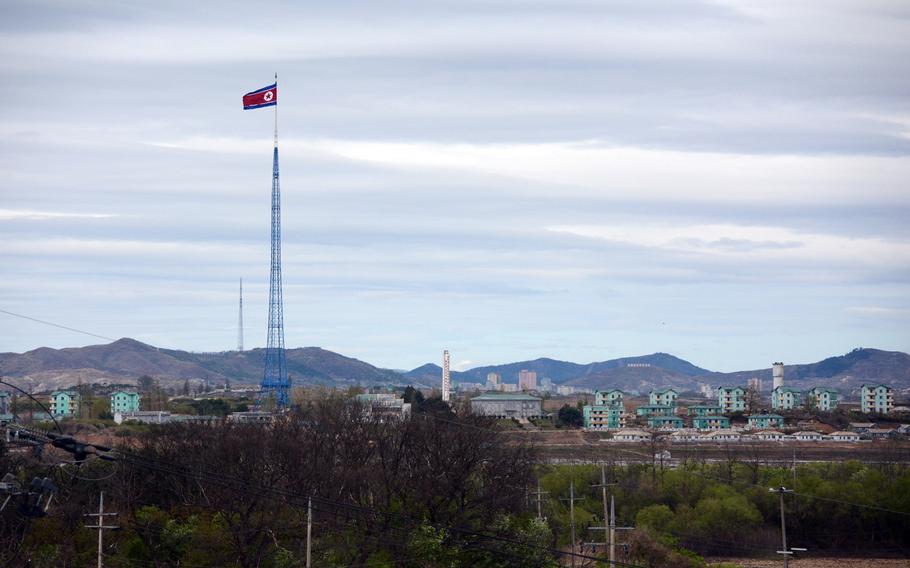 A 540-foot North Korean flag flies over a border area dubbed Propaganda Village, April 24, 2018.
