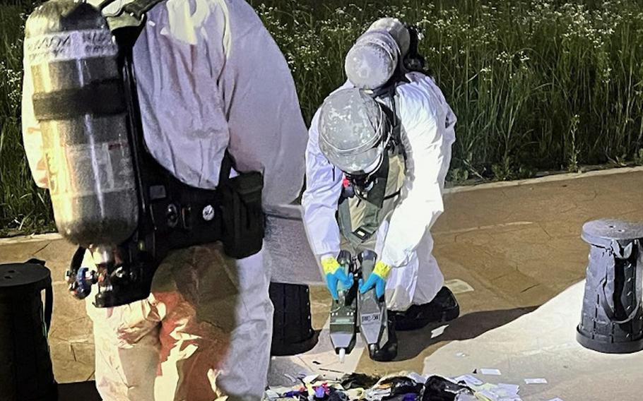 South Korean troops inspect trash carried by a North Korean balloon to Seoul, South Korea, June 1, 2024.